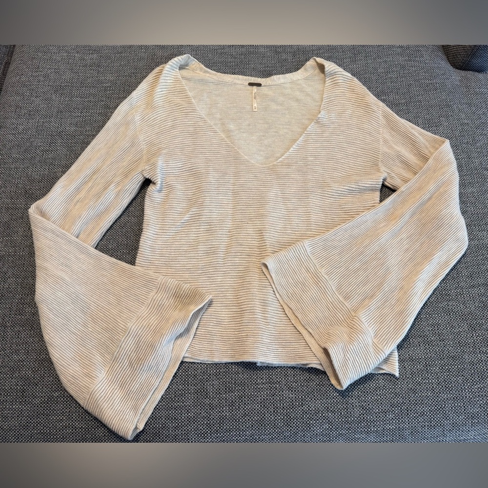 Free People Cream Ribbed Long Sleeve Top Cropped Size Medium